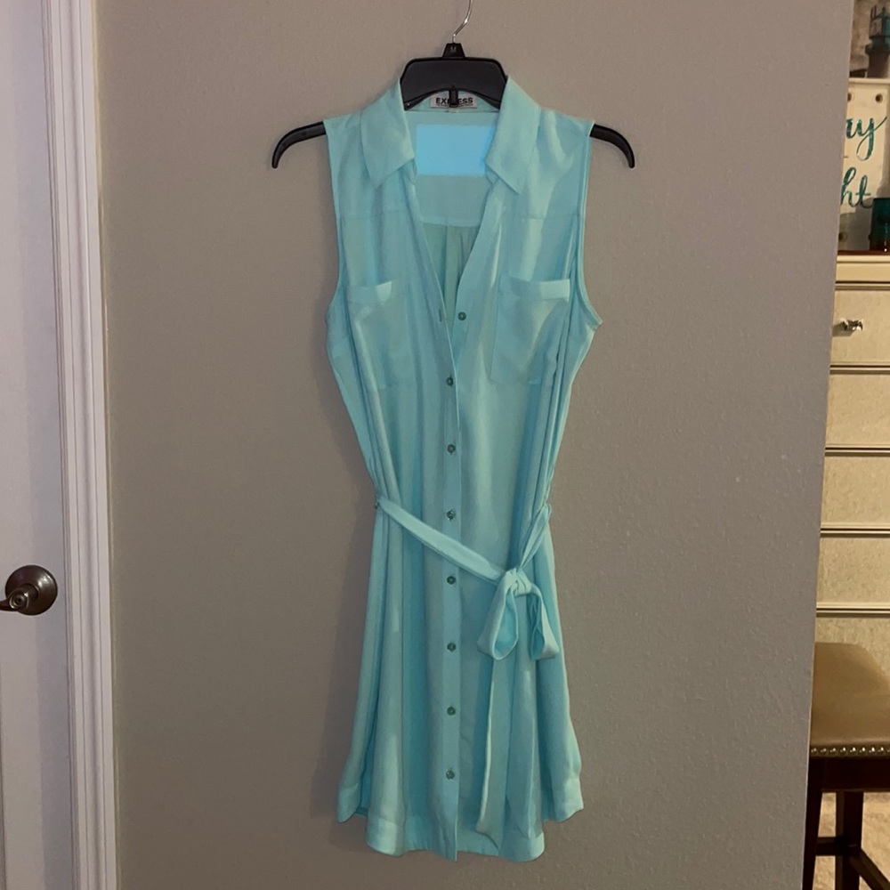 Express Teal Button up Midi Dress with wrap around waist strap, Size Medium